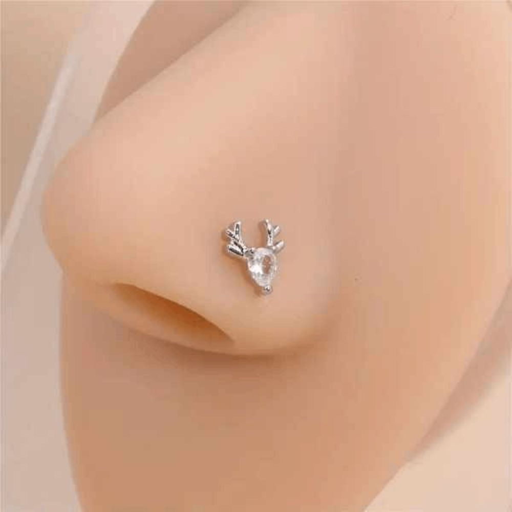 Diamond White Gold Elk Reindeer L Shaped Nose Ring